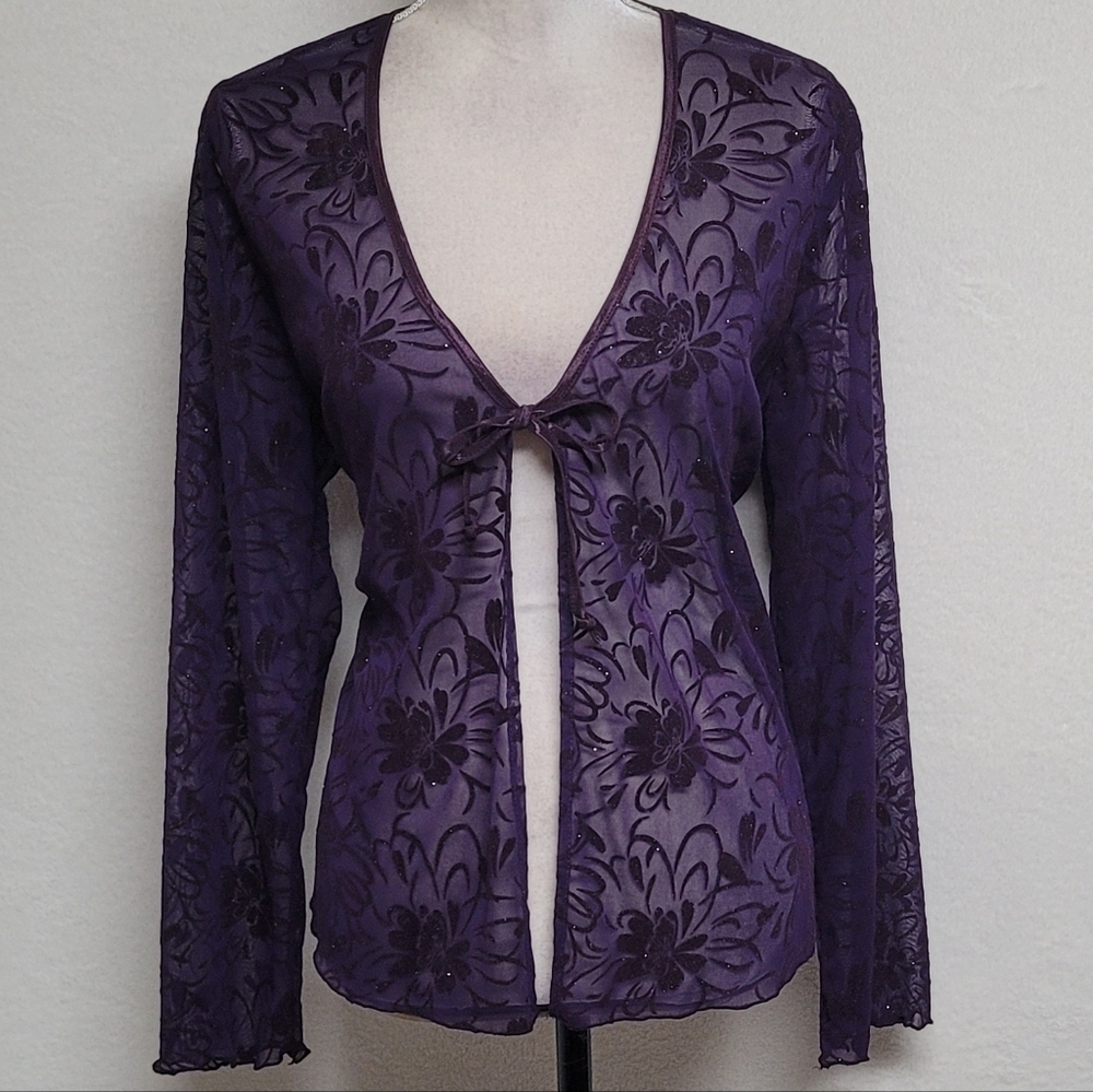 Goth Vintage 90s Sheer Purple Silver Metallic Floral Velvet Tie Front Cardigan L - Picture 2 of 11